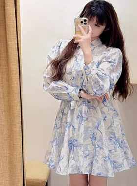 maSande2025春夏新款女装印花衬衫领长袖系带收腰连衣裙MFPRO0414