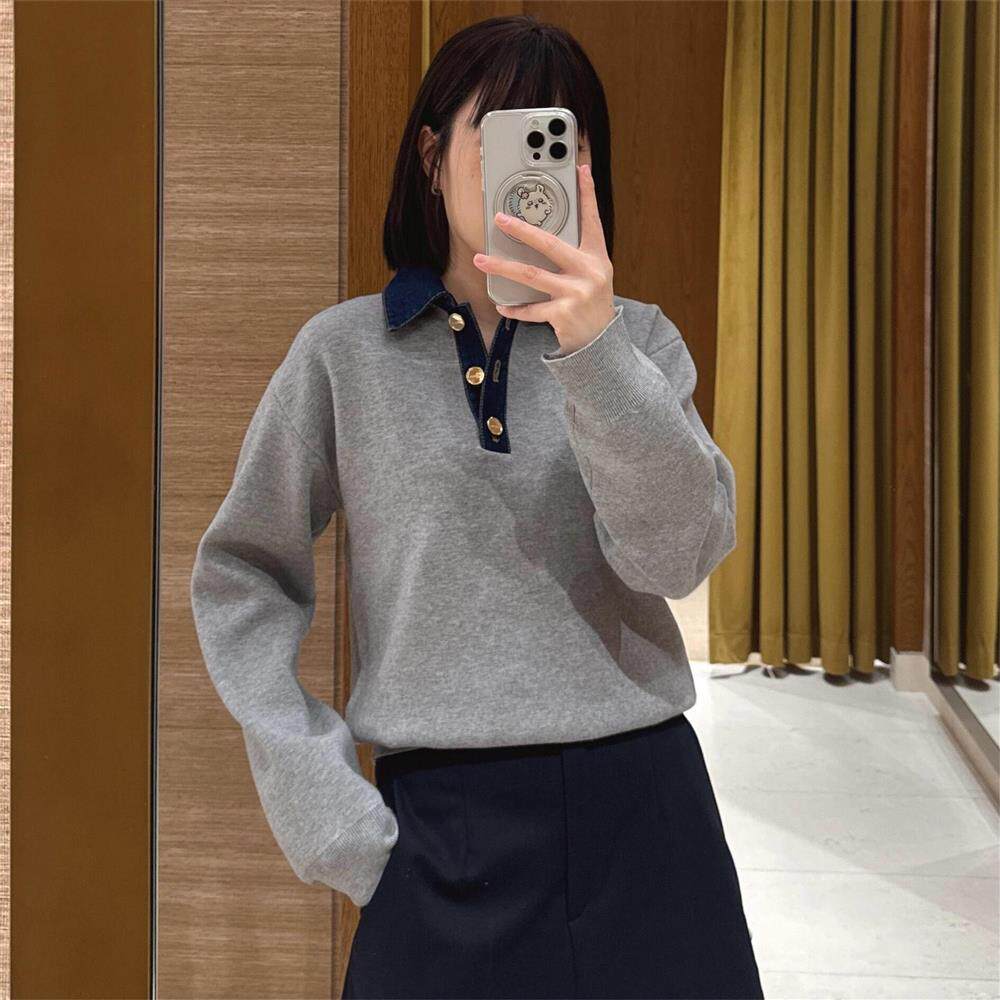 maSande2025早秋新款女装法式休闲拼接牛仔领针织卫衣SFPPU02420