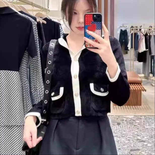 maSande2025早秋款女法式时尚短款撞色海军领针织开衫MFPCA00660