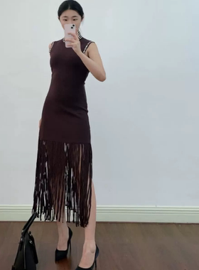 maSande2025早秋新款女装法式高领珍珠修身针织连衣裙SFPRO04086