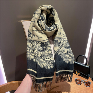 加厚战马格子双面仿羊绒围巾女冬季新款时尚流苏保暖外搭披肩围脖