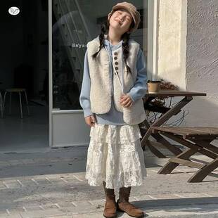 女童冬新款韩版羊羔毛马秋甲长连帽针织卫衣套装时髦加绒糯米裤裤