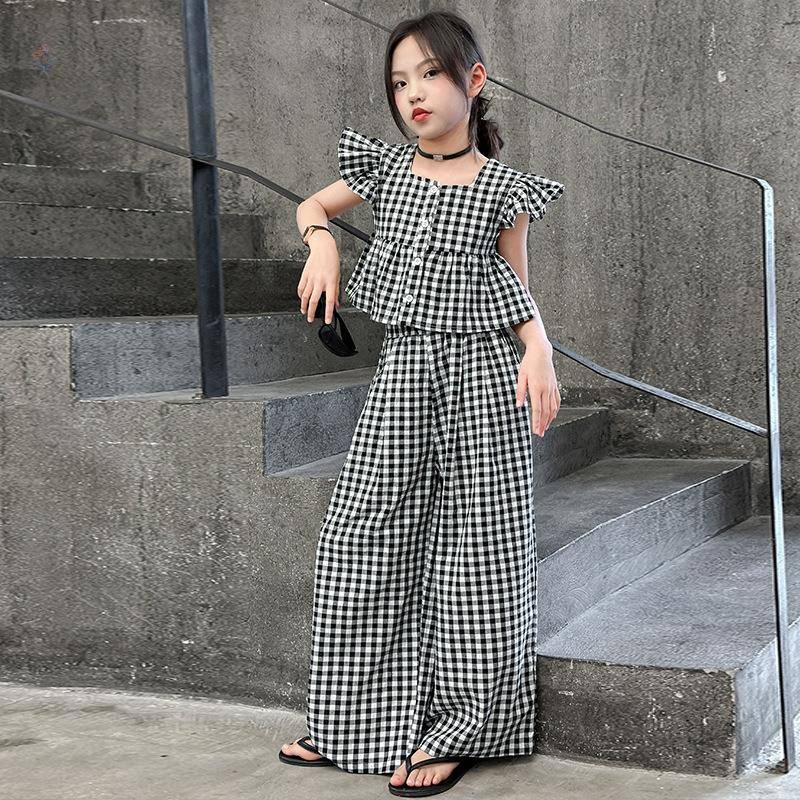 女童2025年夏季新款休闲飞飞袖套装中大童格子上衣直筒休闲裤薄款