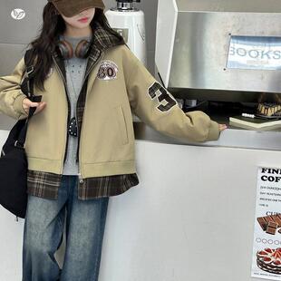 女童秋冬外套帽2025新款儿门童双禁加厚女大童假两件格子连棒球服