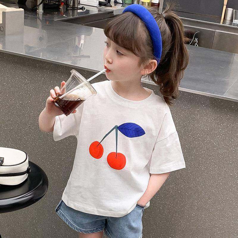 夏女童季短袖T恤棉上衣儿童夏款红樱桃印花幼儿园小学网宽松弹力