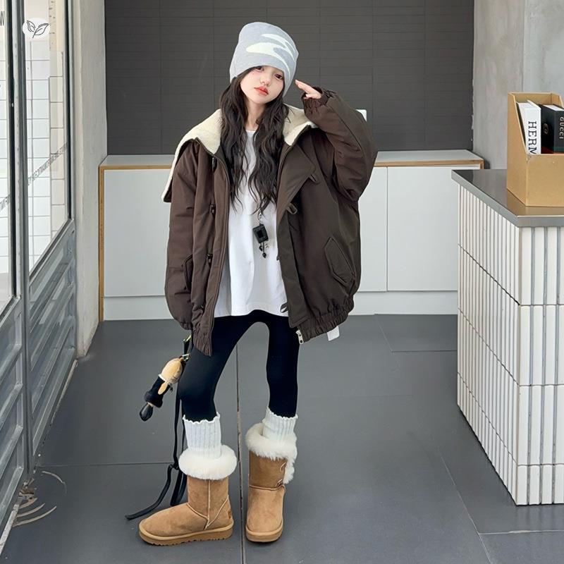 童大翻领加厚牛角连扣棉服秋冬装2025新款中大童美拉德帽女外套潮