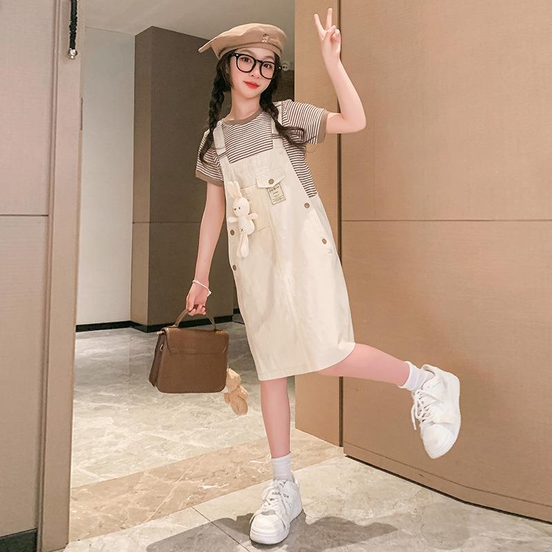 女童夏季童套装024夏款中大洋气2童装条纹短袖背带裙子两件套