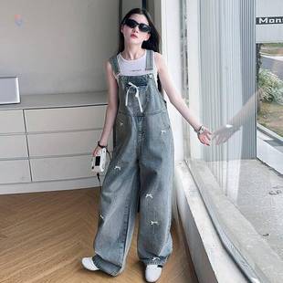 2025新款 中大童蝴蝶結(jié)無袖 背帶褲 T恤背帶牛仔褲 兩件 套裝 女童夏裝