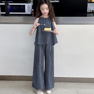 中大童海邊洋氣炸街夏裝 女童夏季 麻棉套裝 吊帶闊腿褲 韓版 休閑無袖