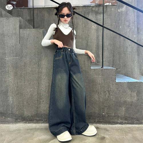 女童牛仔阔腿裤冬秋款2025新款儿童中学生拖地裤大童直筒秋裤装子