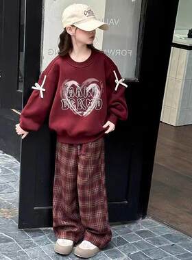 网红女童韩版套装中大童冬装加绒套洋气时尚字母格头衫子裤两件套