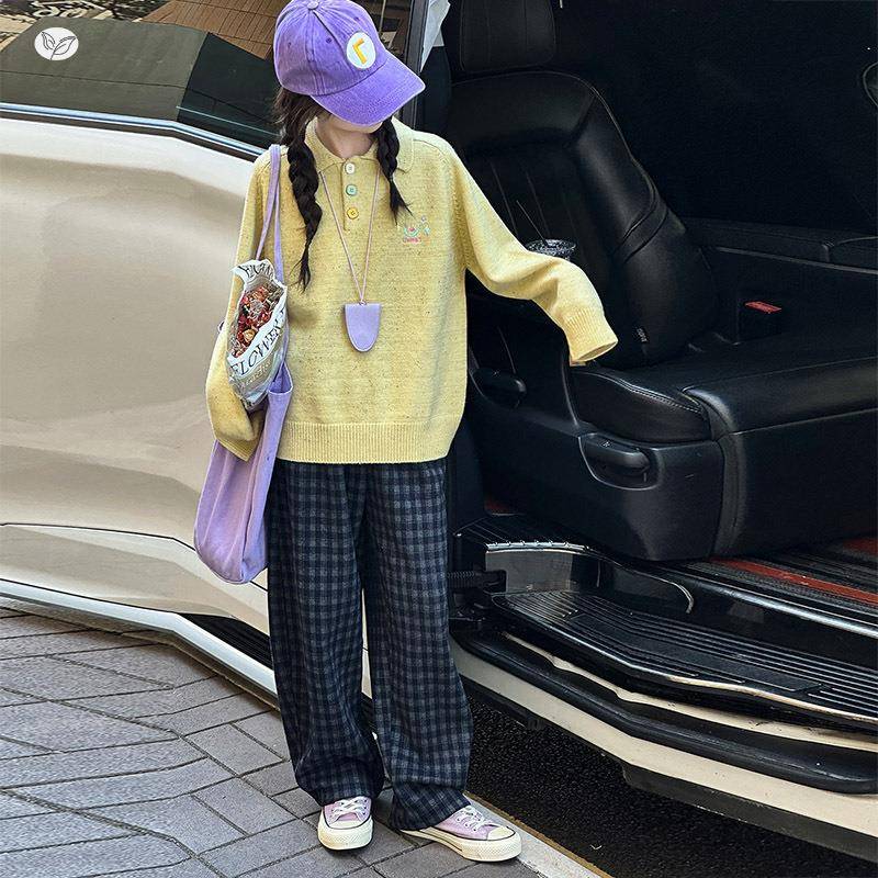 女童毛大衣秋冬款上2025新款洋气女孩翻领针织衫中童装秋季宽松衣