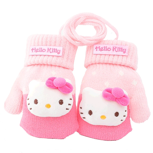 凯蒂猫儿童包指挂脖手套女童冬季加绒宝宝3-6岁保暖连指挂绳手套