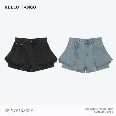 HELLOTANGO《梨形救星》韩系荷叶边拼接假两件牛仔短裤裙裤F209#