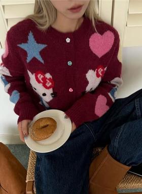 HELLOTANGO《凯蒂乐园》秋冬韩系KT猫减龄羊毛混纺针织开衫33332#