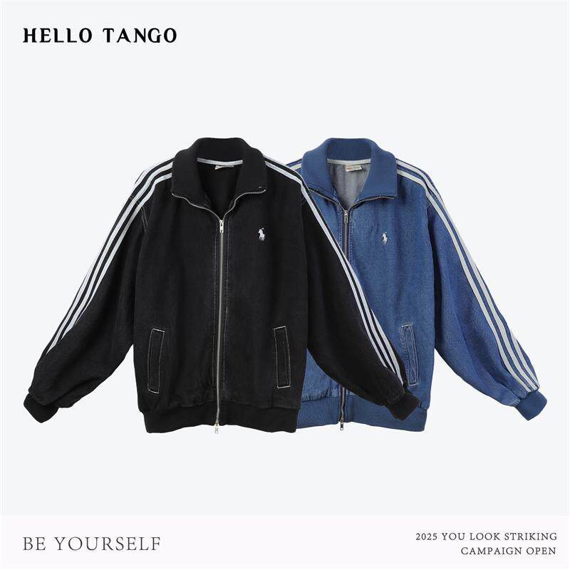 HELLOTANGO《老钱做派》秋冬时髦小马刺绣三杠休闲牛仔外套F199#