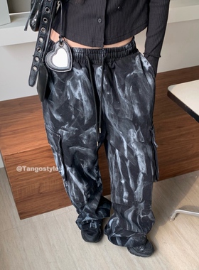 HELLOTANGO《岁月痕迹》美式复古涂鸦腰部抽绳工装牛仔裤F129#