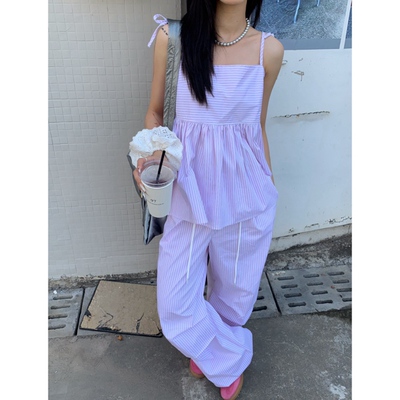 HELLOTANGO《垦丁线谱》小众时尚条纹吊带休闲裤套装84466/84467#