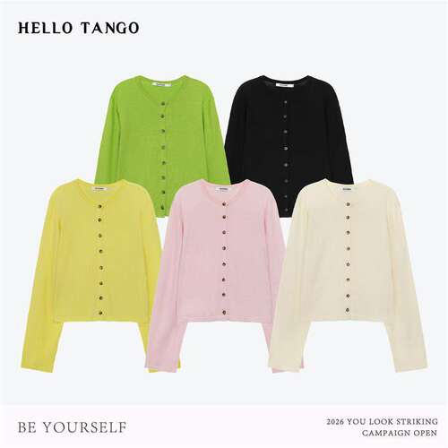 HELLOTANGO《柔风轻衫》春夏简约纯色圆领宽松薄款针织开衫8379