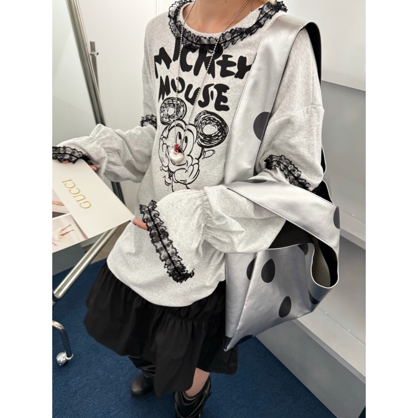 HELLOTANGO《米奇小镇》假两件花边拼接米奇图案长袖T恤55500#