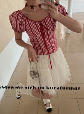 HELLOTANGO《浪漫琴键》法式复古俏皮格纹泡泡袖上衣250117#