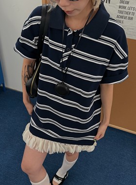 HELLOTANGO《首尔留学生》秋季学院风条纹拼接polo领连衣裙65711#