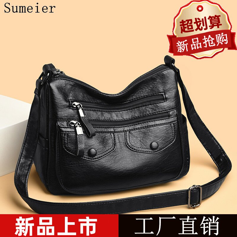 2025新款百搭真皮牛皮单肩多层斜挎包大容量中老年女包软皮妈妈包