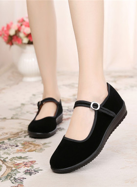 新款老北京布鞋女加绒平底上班工作鞋黑色防滑广场舞鞋妈妈鞋软底