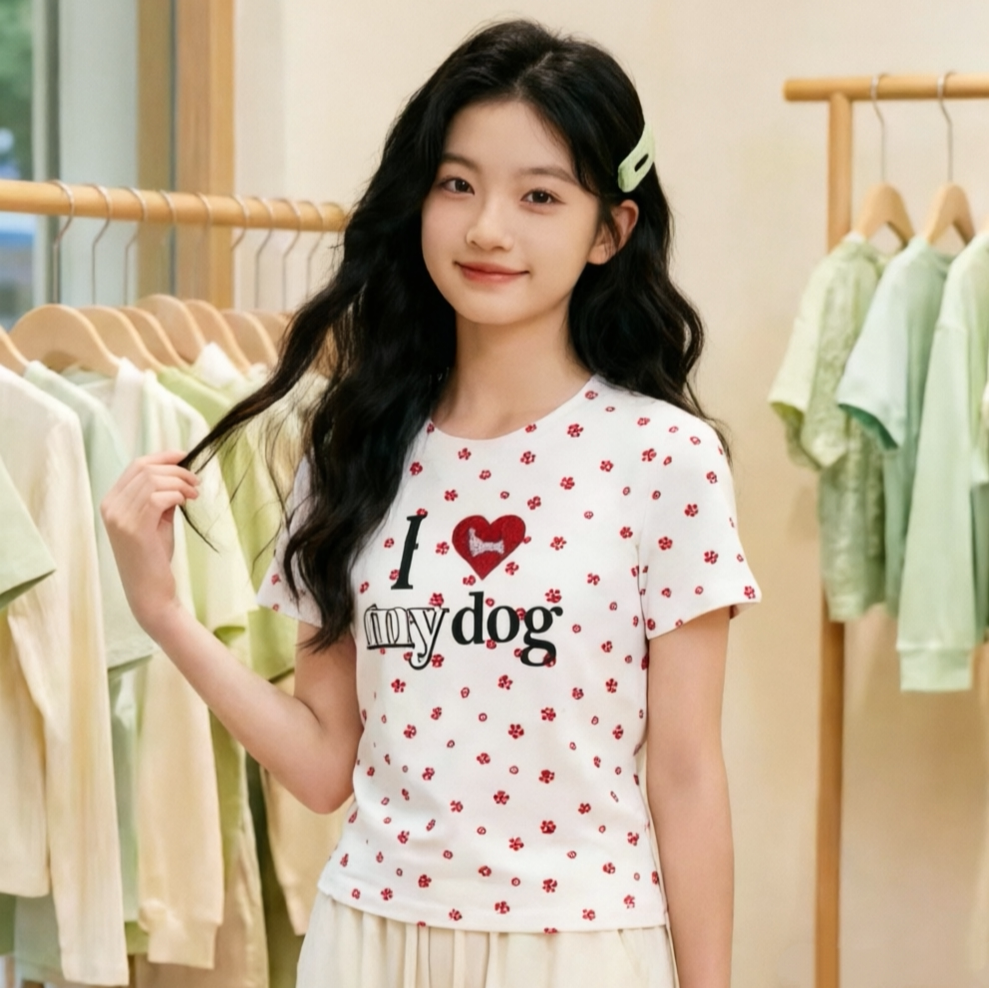 女童2026夏季爱心烫钻狗爪满印修身短袖T恤中大童休闲打底衫上衣t