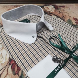 特价英式贵族伊顿圆领针撞色领英格兰格子男士长袖法式袖扣男衬衫