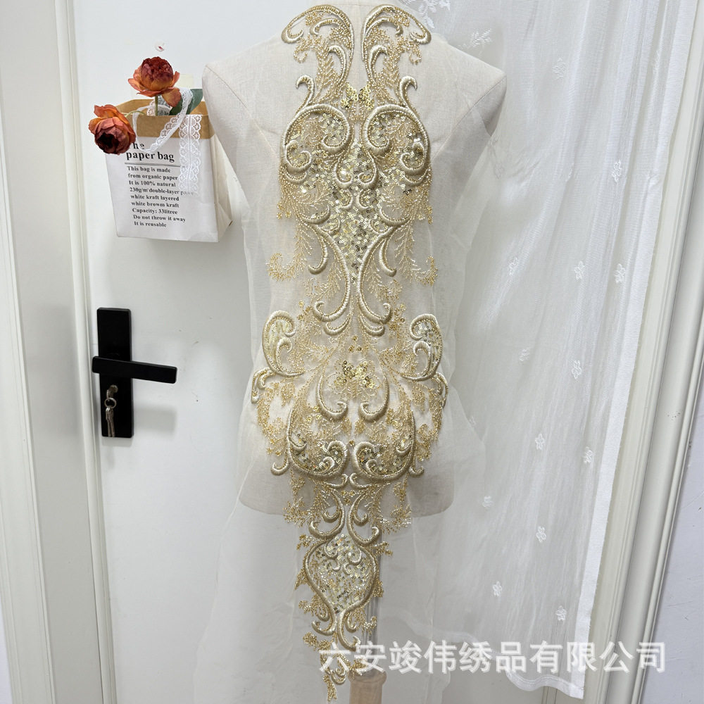 金色3D立体亮片刺绣蕾丝花朵大花贴服装用品裙子礼服装饰贴花辅料