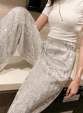 春秋新款银白色亮片坠感阔腿裤女直筒高腰垂感裤子女宽松加长长裤