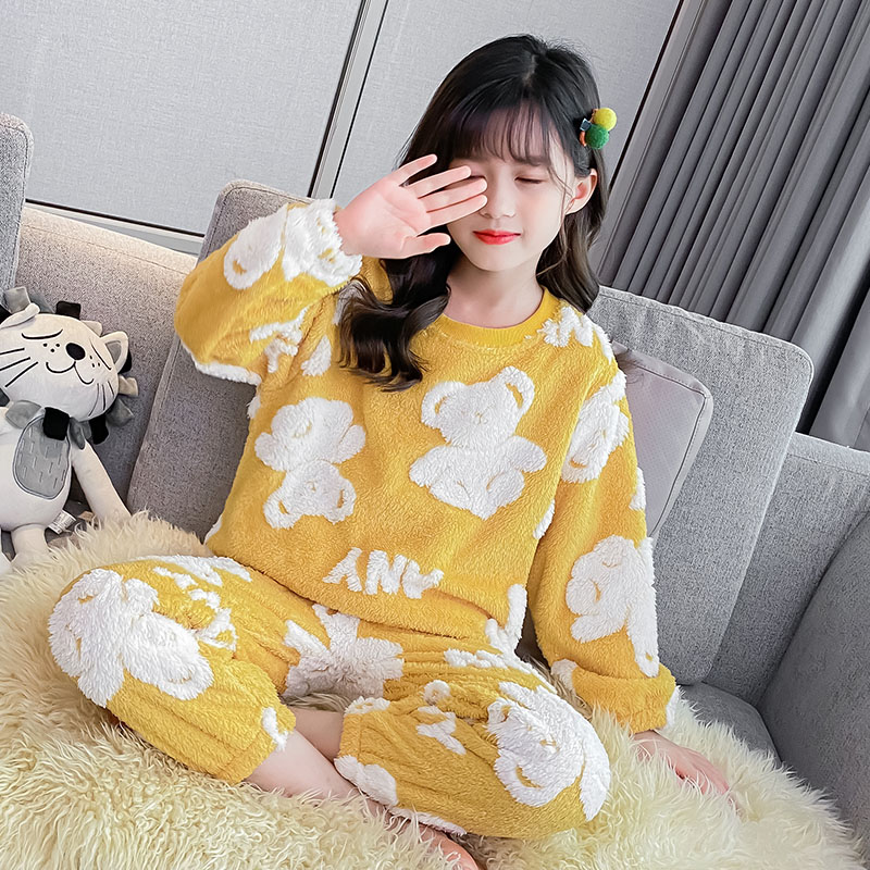 女童家居服套装秋冬中大童保暖宽松睡衣女儿童玩偶小熊法兰绒冬装