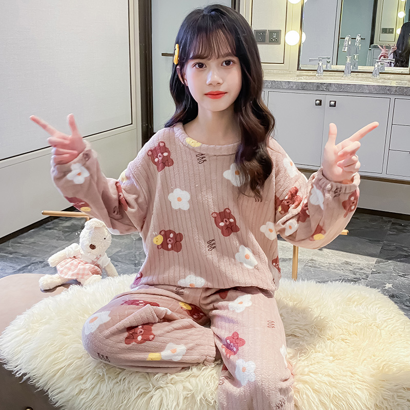 女童家居服秋冬中大童保暖宽松睡衣套装女儿童卡通小熊法兰绒冬装