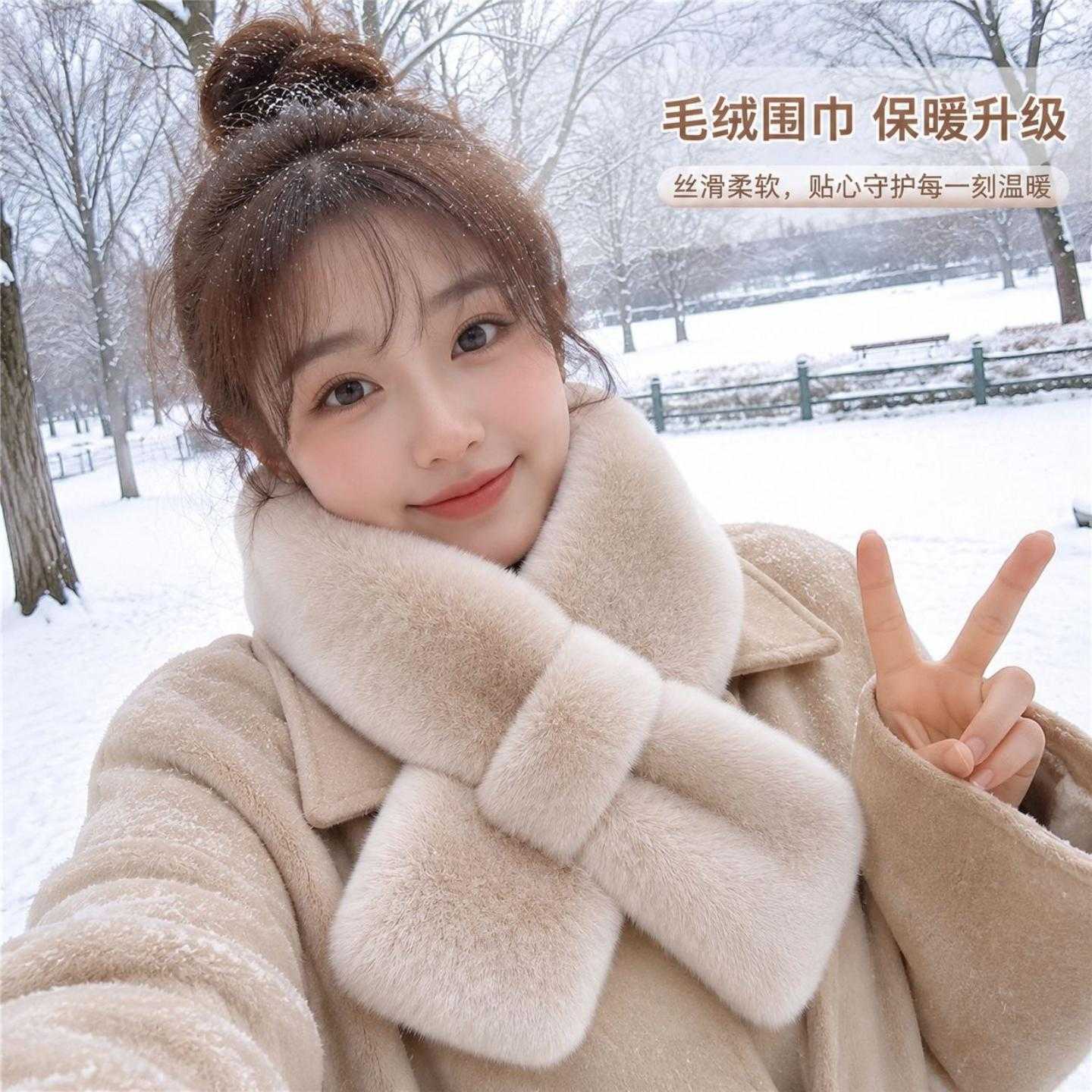 韩版仿兔毛毛绒围巾女秋冬季柔软围脖学生女纯色交叉保暖加厚围巾