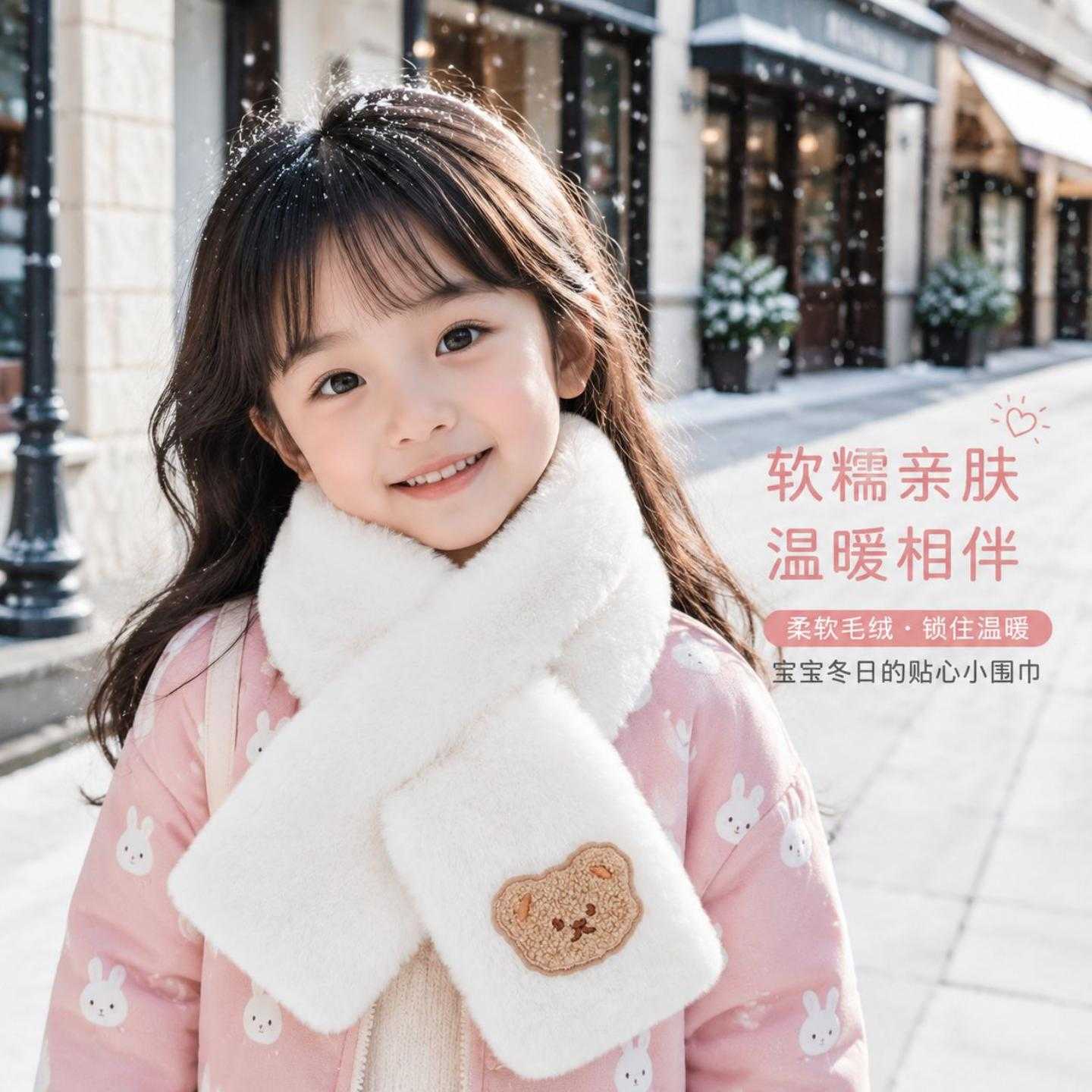 冬季儿童可爱毛绒脖套男童女孩加绒加厚保暖围巾宝宝卡通交叉围脖