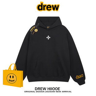 drew美式潮牌十字架印花连帽加绒卫衣男女秋冬宽松情侣款帽衫外套