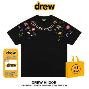 t恤男女纯棉宽松情侣装 drew美式 潮牌多巴胺涂鸦手绘花朵印花短袖