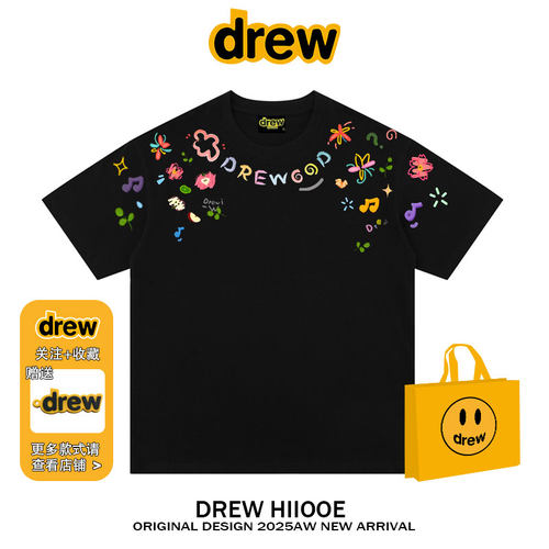 drew美式潮牌多巴胺涂鸦手绘花朵印花短袖t恤男女纯棉宽松情侣装