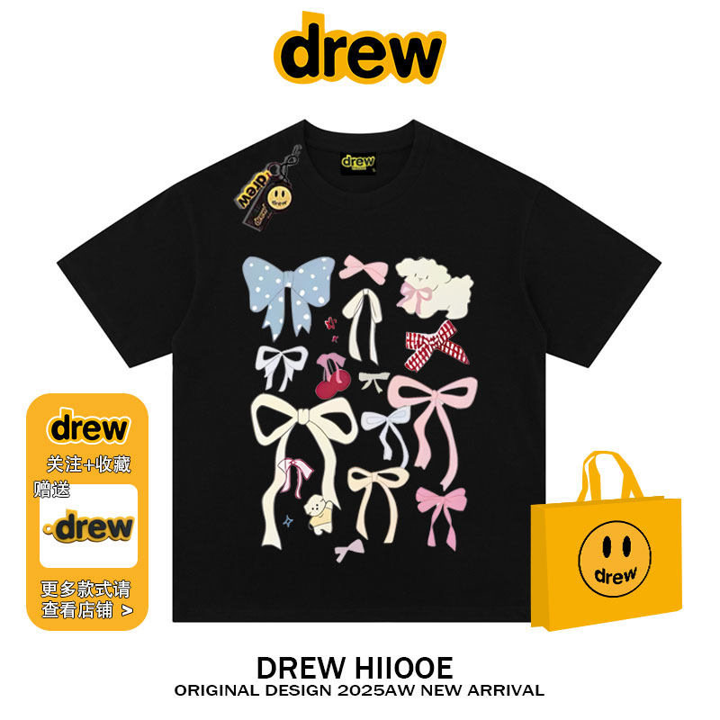 drew美式潮牌蝴蝶结印花短袖t恤男女纯棉宽松百搭情侣纯棉上衣ins