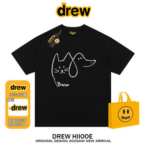 drew美式潮牌涂鸦线条猫狗短袖t恤男女夏季新款休闲宽松情侣上衣