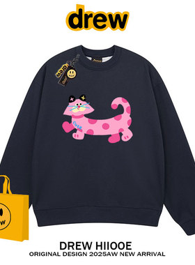drew美式潮牌卡通可爱猫咪圆领卫衣男女秋冬加绒宽松休闲情侣上衣