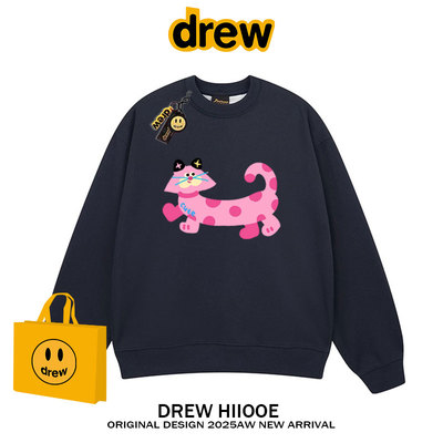 drew美式潮牌卡通可爱猫咪圆领卫衣男女秋冬加绒宽松休闲情侣上衣