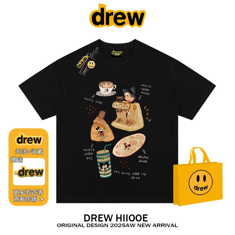 drew美式潮牌卡通米奇涂鸦印花短袖T恤男女夏季纯棉情侣宽松上衣