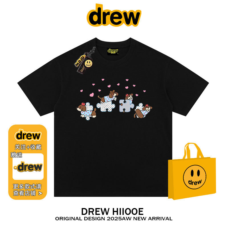 drew美式潮牌卡通拼图腊肠狗印花短袖t恤男女夏季休闲宽松情侣装