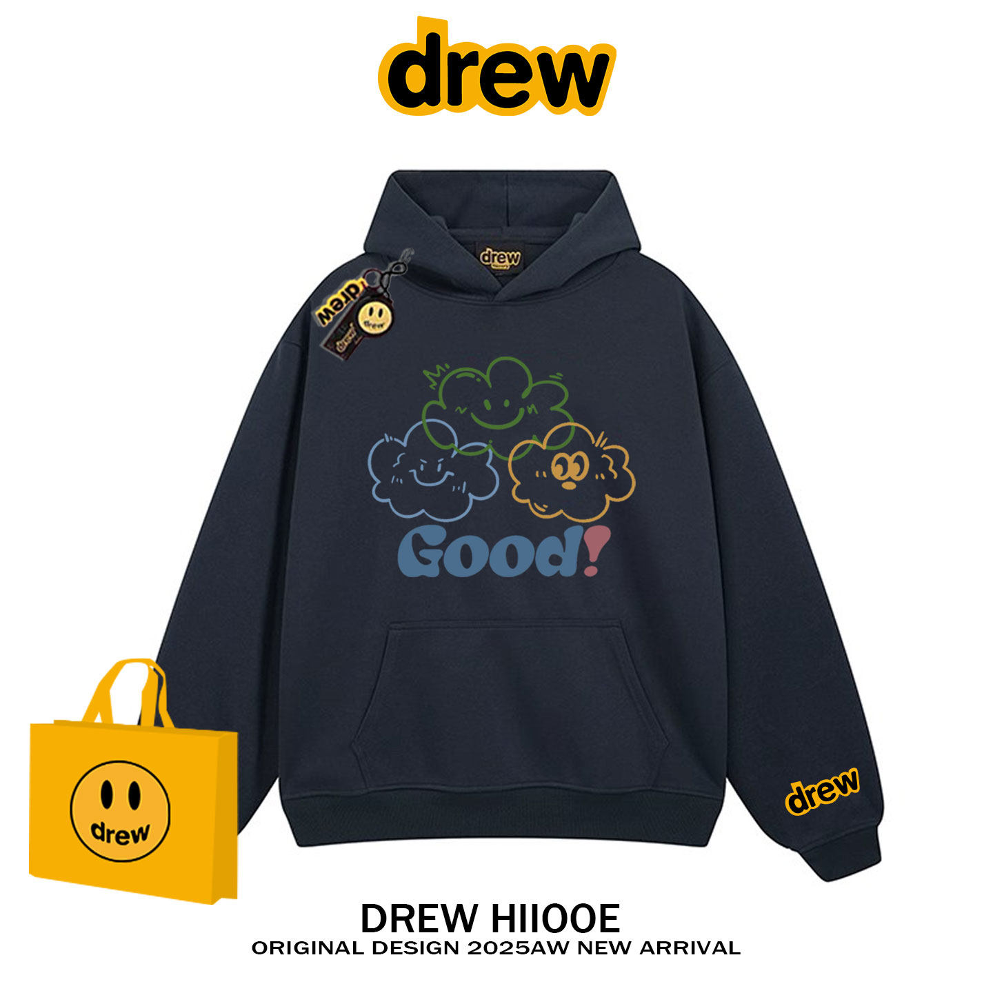 drew笑脸潮牌Good印花连帽卫衣男女秋冬加绒宽松情侣bf慵懒风帽衫