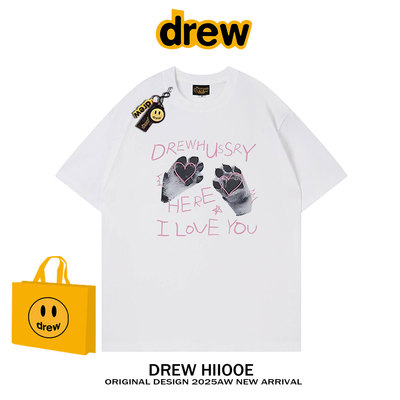drew美式潮牌猫爪印花重磅短袖T恤男女夏季宽松情侣慵懒风上衣潮