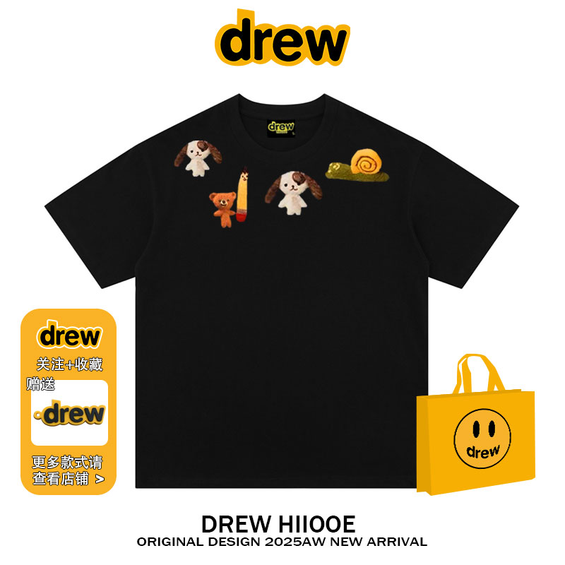 drew美式潮牌卡通可爱铅笔小熊短袖t恤男女宽松百搭夏季情侣上衣