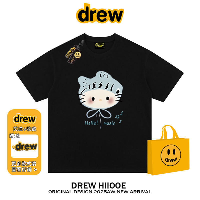 drew美式潮牌卡通鱼头Kitty猫印花短袖t恤男女百搭情侣款宽松上衣