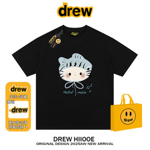 drew美式潮牌卡通鱼头Kitty猫印花短袖t恤男女百搭情侣款宽松上衣